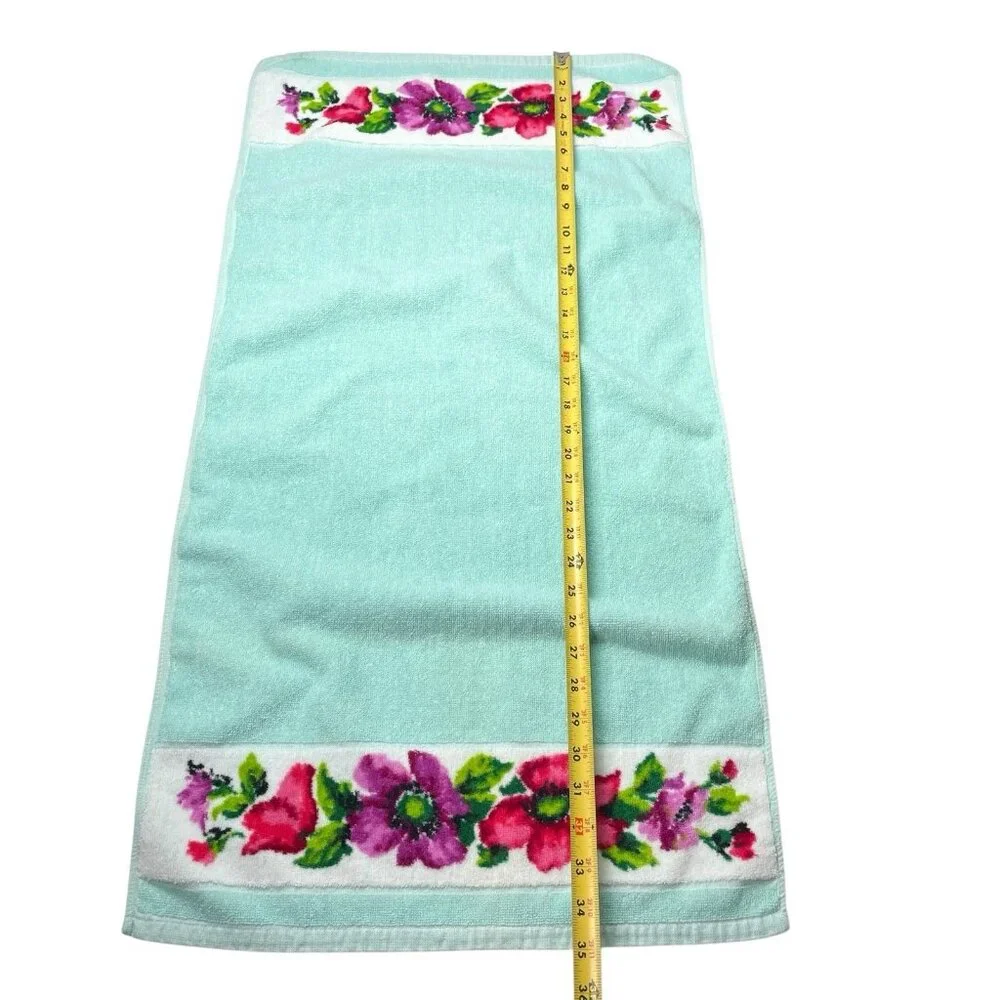 Vintage Teal Floral Hand Towel Indanthren Spring Flowers 18”x35”